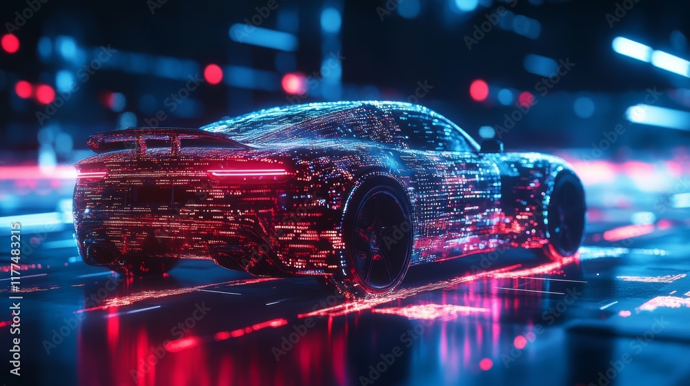 Poster a futuristic car illuminated by vibrant neon lights, showcasing a digital design with flowing data p