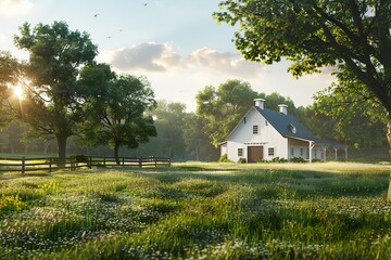 Obraz premium Tranquil Morning on a Farm: Serene White Barn Amidst Lush Green Fields and Sunlit Trees