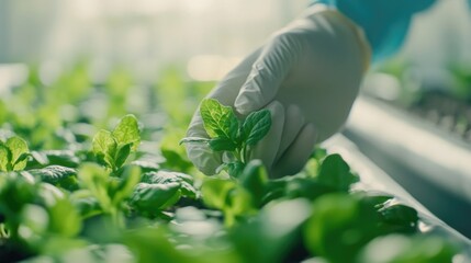 Greenhouse Hydroponic Farming Close-up of Farmer in White Gloves Tenderly Inspecting Fresh Leafy Vegetables with Lush Green Foliage Under Natural Light