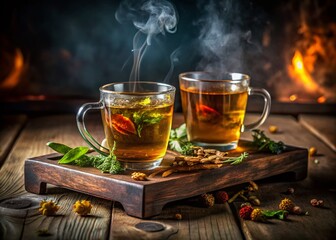 Long Exposure Herbal Tea: Two Glass Cups on Wooden Tray, Dark Background