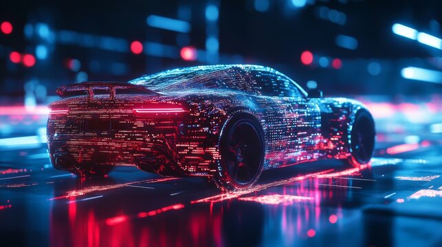 A futuristic car illuminated by vibrant neon lights, showcasing a digital design with flowing data patterns against a dark background.