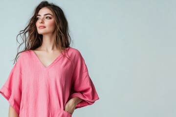 Fototapeta premium Elegant woman in pink casual tunic dress against soft pastel background showcasing modern fashion style with ample copyspace for text placement