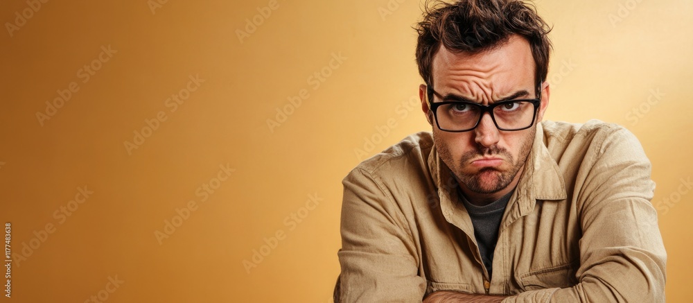 Poster frustrated handsome man wearing glasses with an annoyed expression against a warm ocher background f