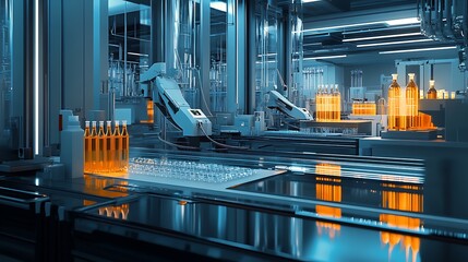 A futuristic laboratory setting with robotic arms handling test tubes on an automated conveyor system. The environment is illuminated with cool blue lighting, giving a high-tech.