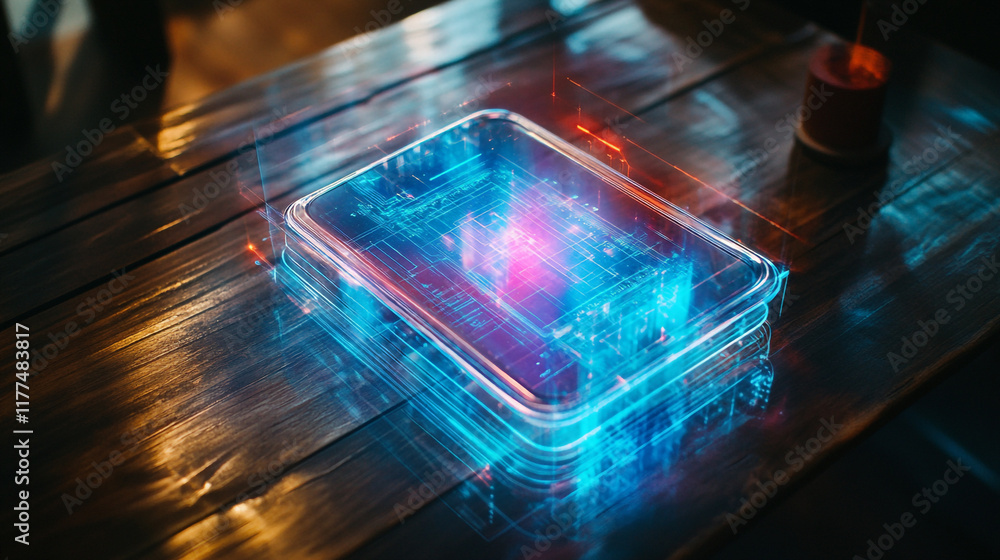 Poster futuristic holographic display emerging from a device on a wooden table at a tech event