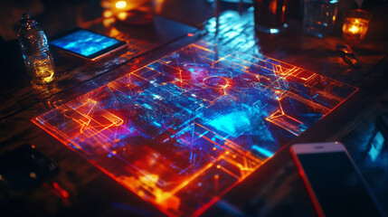 Digital interface displayed on a table surrounded by glowing lights