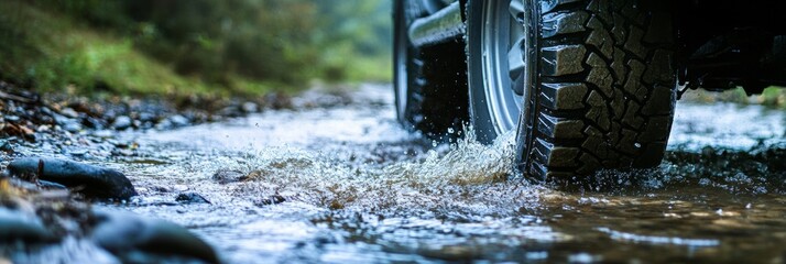 A close-up of a vehicle tire splashing through water on a rugged path, surrounded by greenery, showcasing adventure and off-road capability.