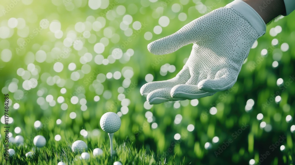 Aufkleber golfer in white glove poised to tee off on lush green golf course with vibrant blurred bokeh backgro