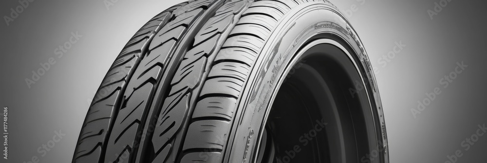 Poster a close-up image of a high-performance tire showcasing its tread pattern against a gradient backgrou