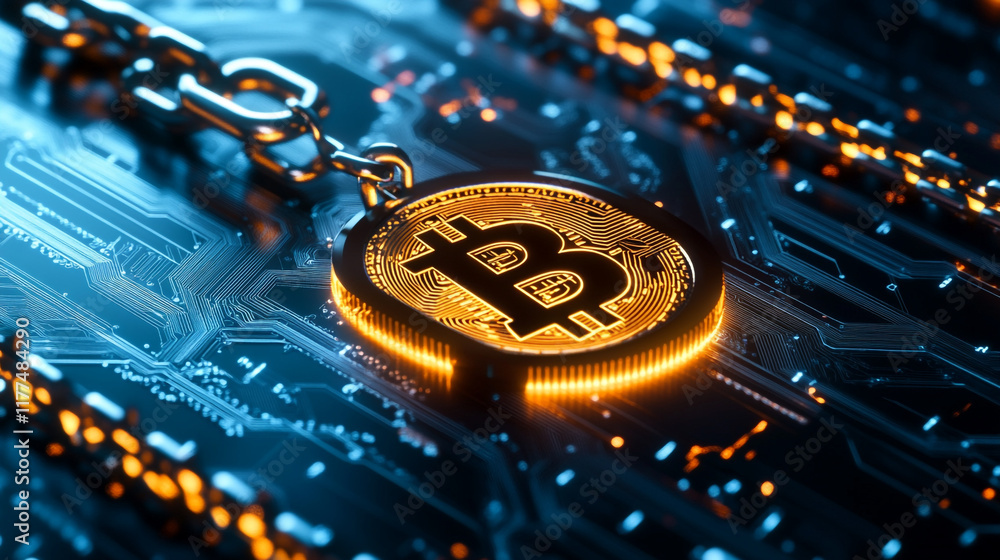 Poster golden bitcoin pendant illuminated on circuit board background in digital setting