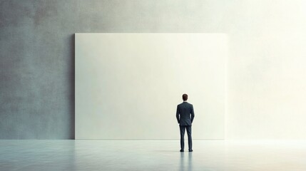 Businessman in formal suit standing in minimalistic gray interior with large empty white wall for displaying management strategy or communication concepts
