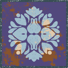 Old folk art tiles with grunge texture in Scandinavian style. Vintage decorative tile style pattern with worn texture. vector element