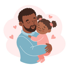 Happy African American father with his little daughter. Family and Fathers Day. Cute cartoon illustration.