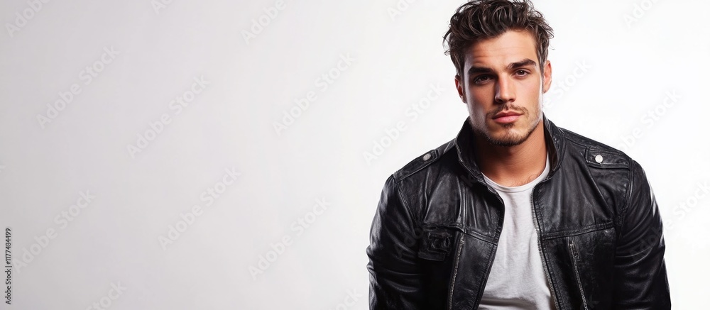 Aufkleber stylish man in black leather jacket against bright white background with ample negative space for te