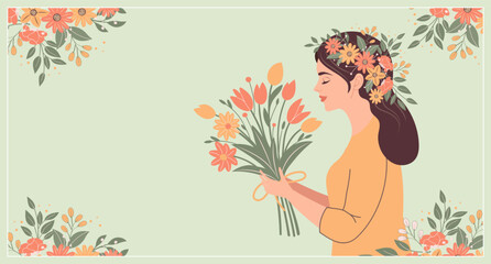 Happy womens Day card. Woman with a bouquet of spring flowers. Holiday illustration in flat style, postcard.
