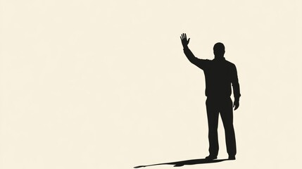 Silhouette of a middle-aged man waving goodbye at dawn, standing alone against a pale background, conveying themes of farewell and solitude.