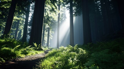 Fototapeta premium Sunlight filters through a dense forest, illuminating the path.