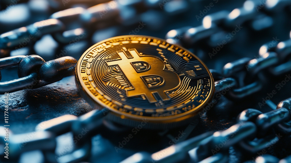Poster golden bitcoin laying on a chain background highlighting cryptocurrency security and value