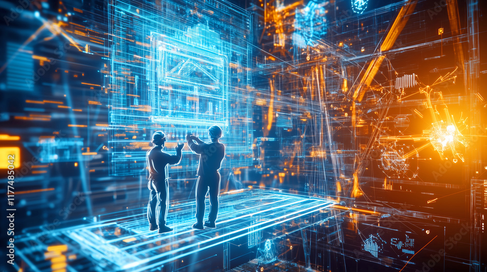 Poster exploring futuristic technology in a digital workspace