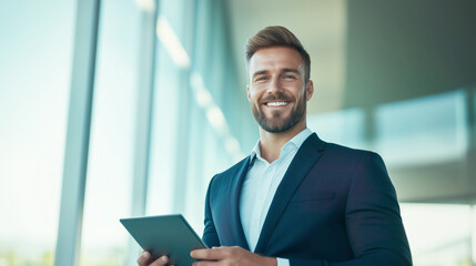 Fototapeta premium Smiling professional man holding tablet in bright office portrait