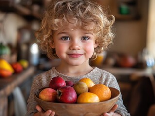 Fototapeta premium Boy with curly hair in a rustic kitchen holding a wooden bowl filled with vibrant red apples and yellow citrus fruits, warm natural light ambiance.