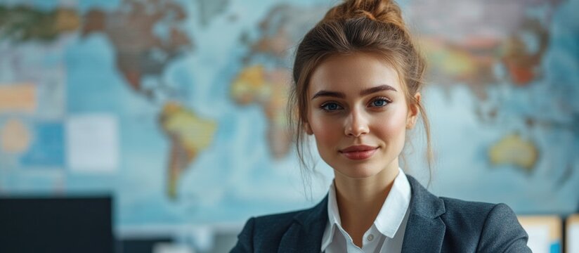 Professional young female travel agent in an office setting with a world map backdrop, warm colors, and ample space for holiday promotional text.