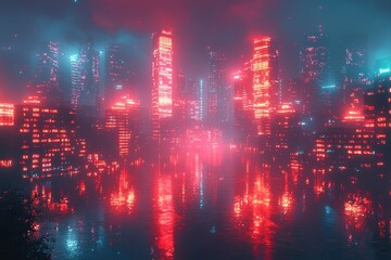 Obraz premium Vibrant night cityscape with illuminated skyscrapers urban landscape digital art reflective water aesthetic view modern concept