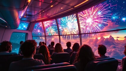 Naklejka premium Fireworks were seen from the plane. People inside airplane