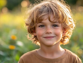 Cheerful young boy with curly blonde hair in a brown shirt, smiling against a vibrant green grass and trees background with soft bokeh lights.