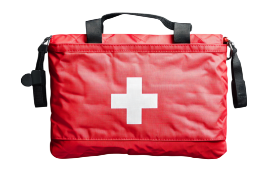 A bright red bag with a white cross emblem, containing a first aid kit, lies on a clean isolated on white background.PNG