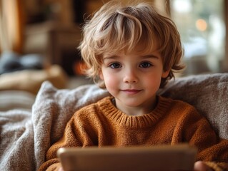 Young boy with curly hair in cozy brown sweater sitting on a soft couch with a tablet in a warmly lit room, engaging with technology, with ample copy space.