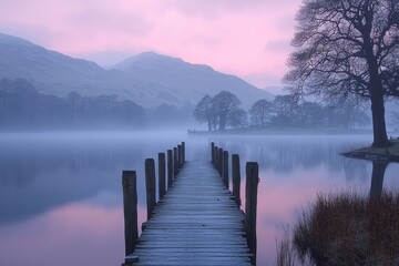 Naklejka premium Misty morning at serene pier overlooking foggy lake tranquil landscape photography peaceful atmosphere natural beauty