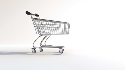 A shopping cart with one wheel slightly lifted, appearing dynamic and detailed, positioned on a bright white background.