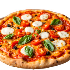 A vibrant and appetizing image of a freshly baked pizza, with a crispy golden crust, loaded with an assortment of colorful toppings such as juicy red tomatoes, creamy mozzarella chee