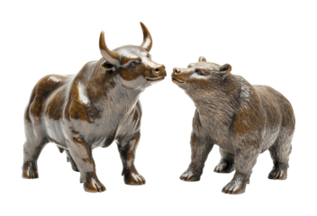 Bull and bear statues symbolizing market trends in financial district high fidelity urban environment close-up view economic concept isolated on transparent background