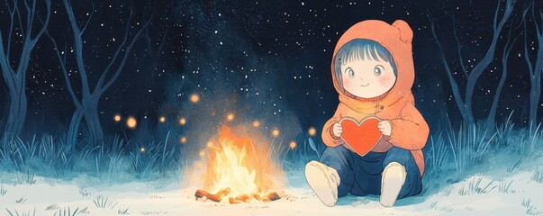 Fototapeta premium Cozy campfire gathering winter night illustration snowy forest child relaxing heartfelt moments