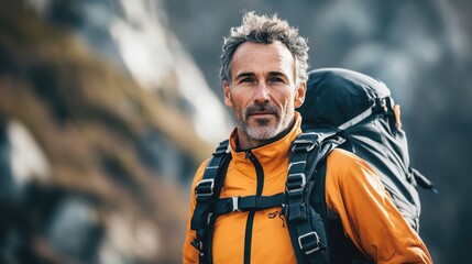 Obraz premium Mature man over 40 in vibrant orange sport jacket with backpack standing on rocky terrain during outdoor adventure training with mountains in background