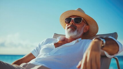 Mature man relaxing on a sunbed by the tranquil blue ocean wearing sunglasses and a straw hat enjoying vacation lifestyle after 50 years