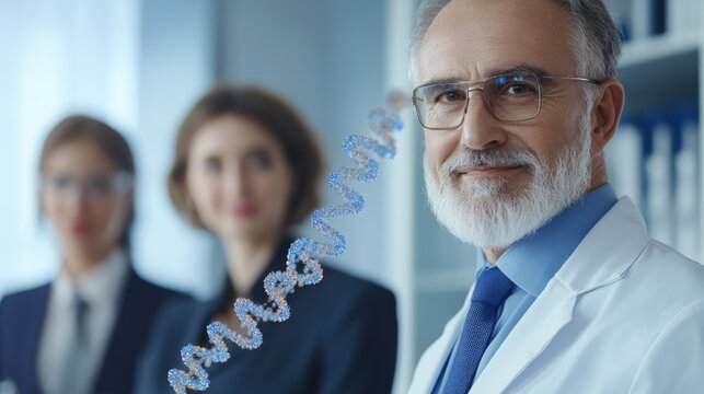 Mature scientist in white lab coat presenting DNA helix model to business colleagues in modern office with blue accents and ample copyspace for text. - Powered by Adobe
