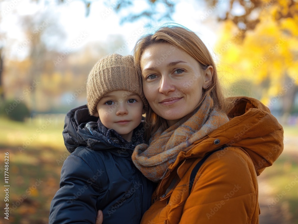 Poster mother and son enjoying a serene autumn walk in a park with warm orange and yellow foliage creating 