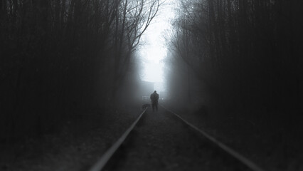 An unknown man and his dog are walking along the railway tracks in foggy weather.