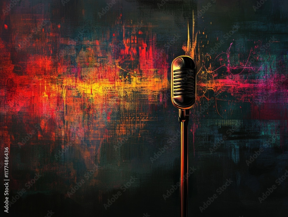 Poster classic microphone on stand with vibrant abstract soundwave background in red yellow and blue with a