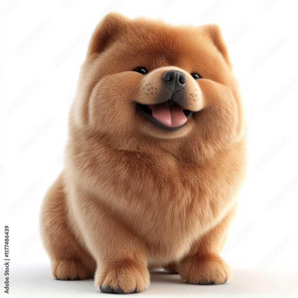 Poster a 3d chow chow with a fluffy mane, sitting on a white background