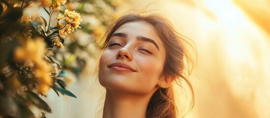 Serene portrait of a young woman with closed eyes surrounded by blooming yellow flowers in soft golden light, ideal for text overlay and inspirational themes.