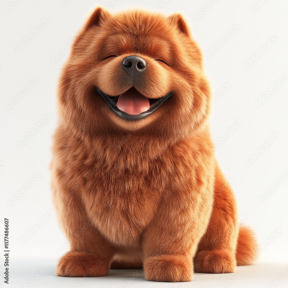 Poster a 3d chow chow with a fluffy mane, sitting on a white background