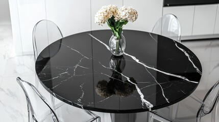 Modern black marble dining table, flowers, kitchen, interior design