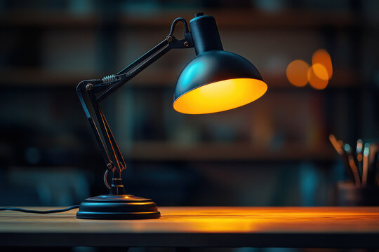 Desk lamp illuminating wooden table in cozy room