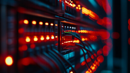 Obraz premium Networking equipment illuminated in vibrant red lights at a data center during nighttime