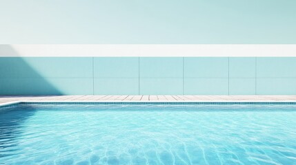 Fototapeta premium Serene Swimming Pool with Crystal Clear Water and Large Aqua Blue Empty Wall Space for Text in a Bright Modern Setting