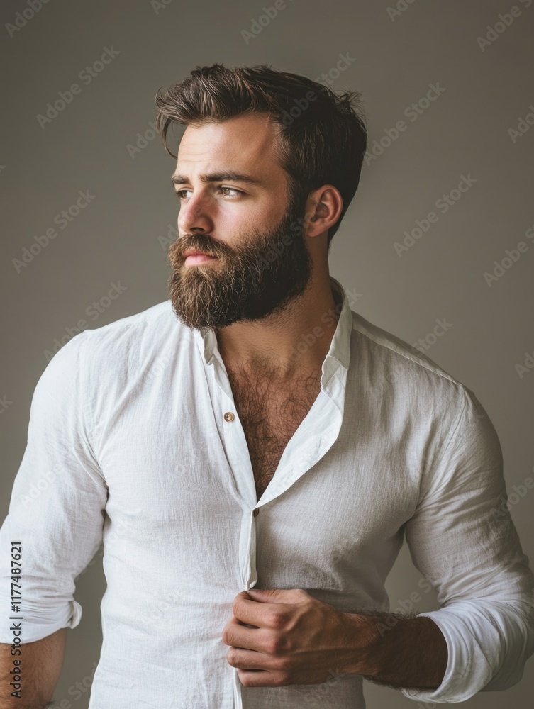 Poster handsome bearded man in white linen shirt buttoning up while gazing sideways against a soft gray bac